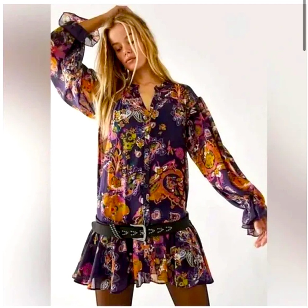 Free People Ibiza Nights Purple Floral Mini Dress Fully Lined.